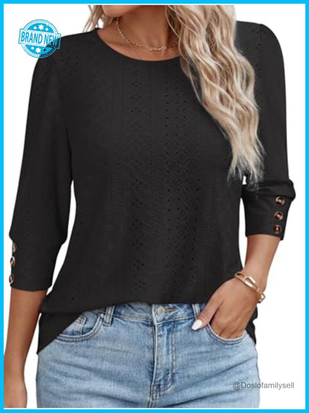 Womens 3/4 Sleeve Blouse Crew Neck Eyelet Embroidery Business Casual Top